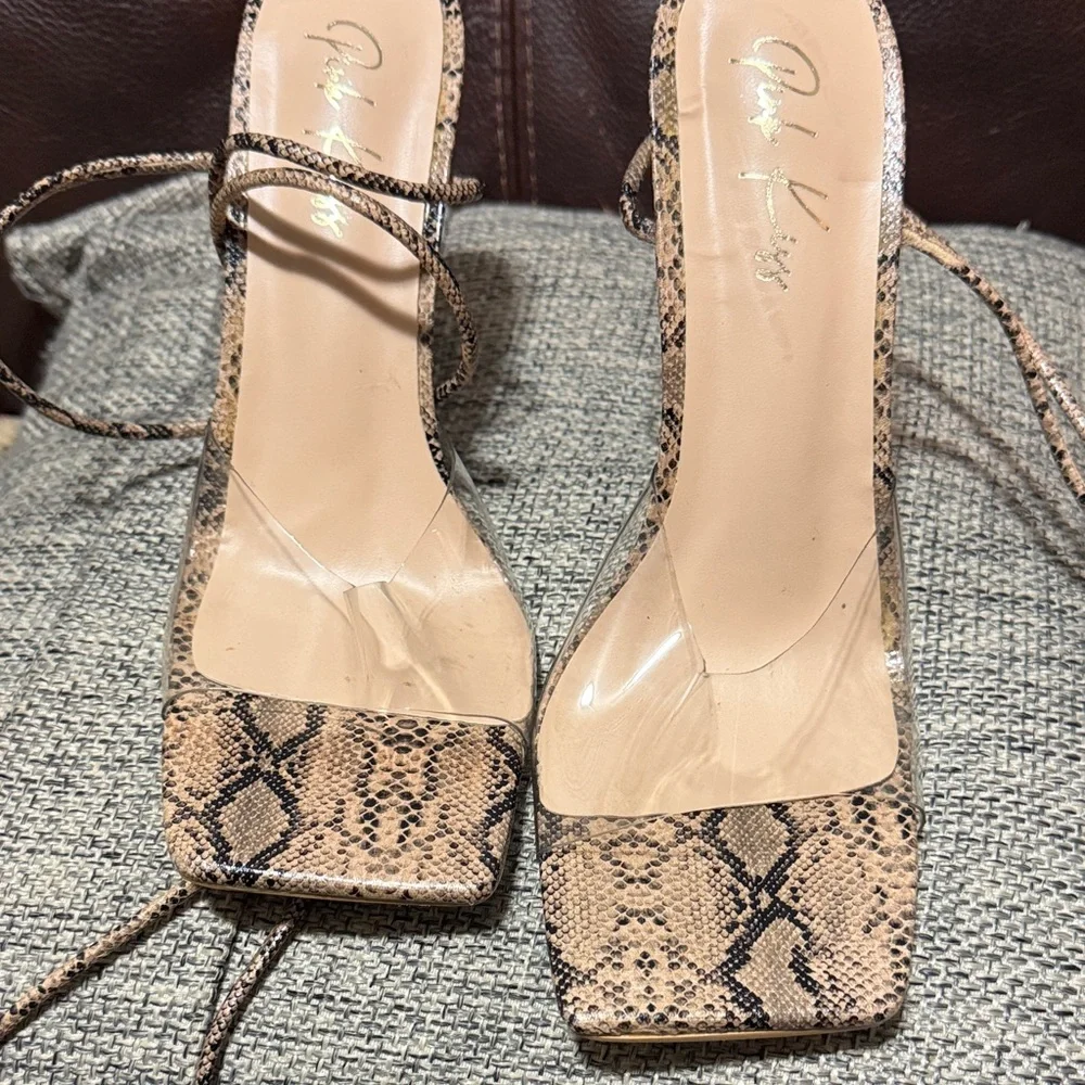 Gold Stiletto Lace-Up Sandal in Snake Print
